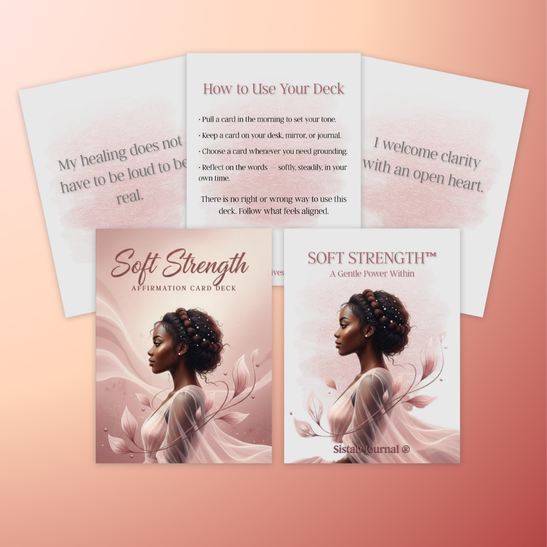 Soft Strength affirmation card deck with minimal 3×4 layout
Affirmation cards for journaling and mindfulness practices
Feminine blush card deck for self-love and grounding
Calm aesthetic affirmation deck displayed flat lay