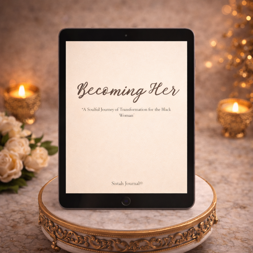 Becoming Her digital guided journal ebook displayed on tablet for personal growth and self reflection by Sistah Journal