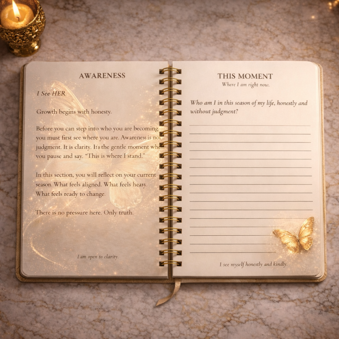 Open spread of Becoming Her journal showing awareness reflection prompts and guided journaling pages