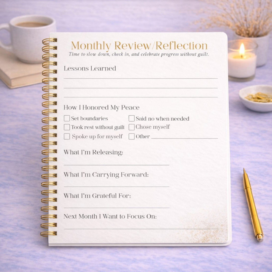 A look insdie monthly planner review and reflections page for undated planner