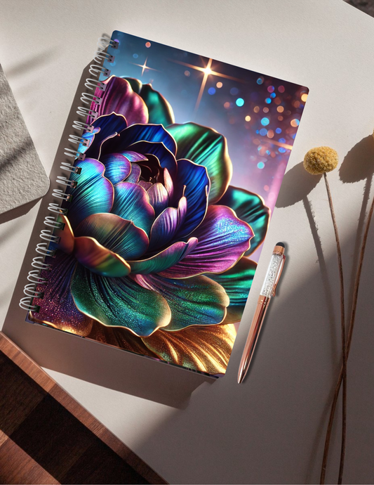 Pastel floral journal cover with metallic gold foil detailing, luxury hardcover notebook with soft feminine design.