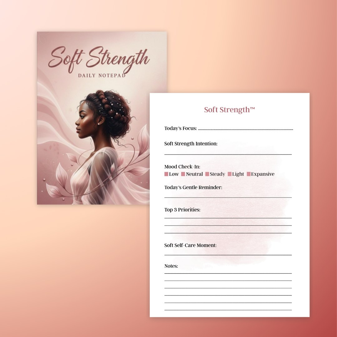 Soft Strength daily intention notepad 5×7 with minimal layout

Wellness notepad with priorities and reflection sections

Feminine blush daily planning pad for self-care routines

Minimal notepad page showing focus, priorities