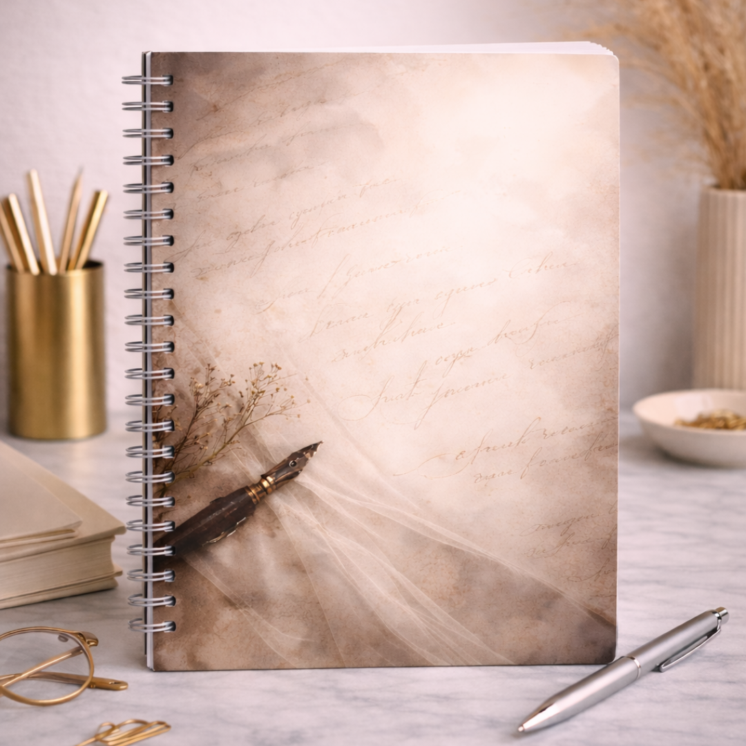 Elegant journal cover featuring aged paper textures and handwritten script representing devotion, faith, and intentional reflection