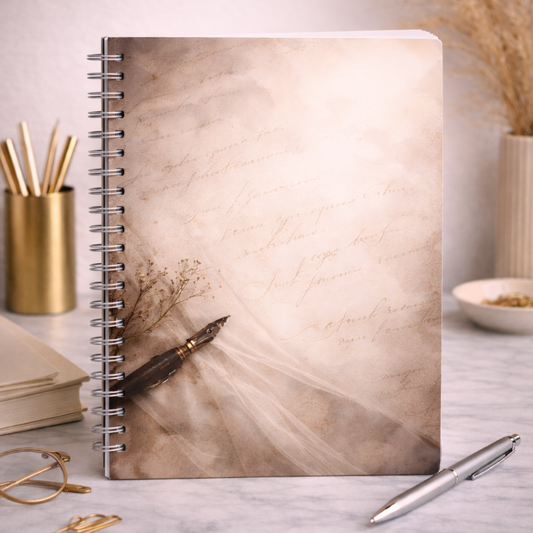 Elegant journal cover featuring aged paper textures and handwritten script representing devotion, faith, and intentional reflection