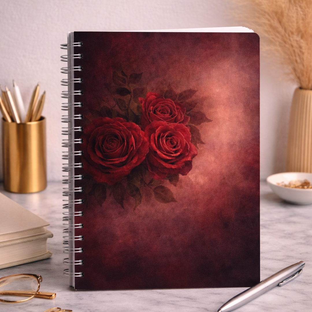 Moody journal cover featuring deep romantic tones and intimate details representing passion, emotion, and bold self-expression