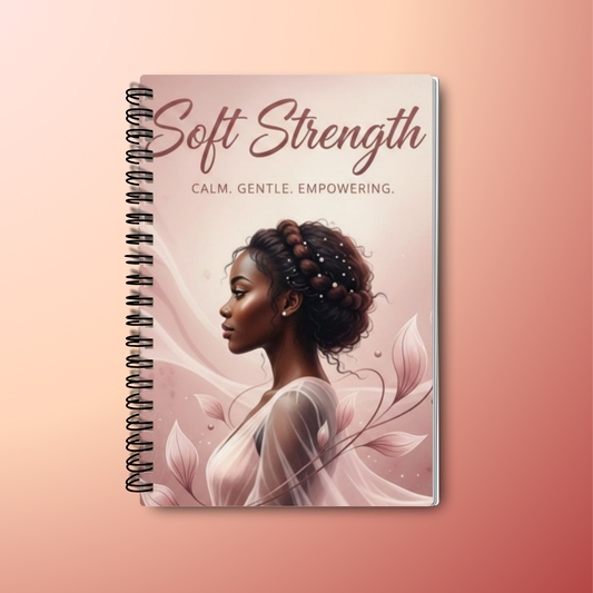 Soft Strength 90-Day Guided Journal Cover — feminine blush floral design

Interior journal pages with reflection prompts and undated daily layout

Self-care journal for women — mindfulness and emotional wellness pages

Spiral-bound 7x9 Soft Strength journal styled on desk with pen