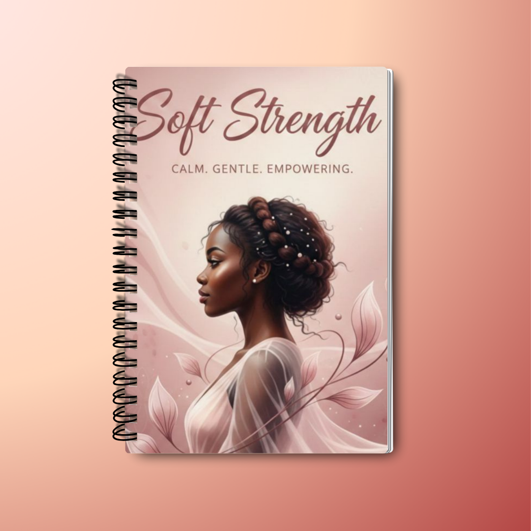 Soft Strength lined notebook 8.5×11 spiral cover

Feminine wellness notebook open with lined pages

Soft Strength stationery on blush desk layout

Minimal writing notebook for journaling or planning

8.5×11 lined notebook with clean soft aesthetic