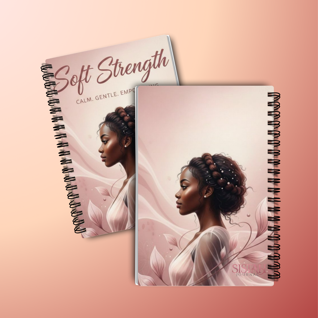 Soft Strength 90-Day Guided Journal Cover — feminine blush floral design

Interior journal pages with reflection prompts and undated daily layout

Self-care journal for women — mindfulness and emotional wellness pages

Spiral-bound 7x9 Soft Strength journal styled on desk with pen