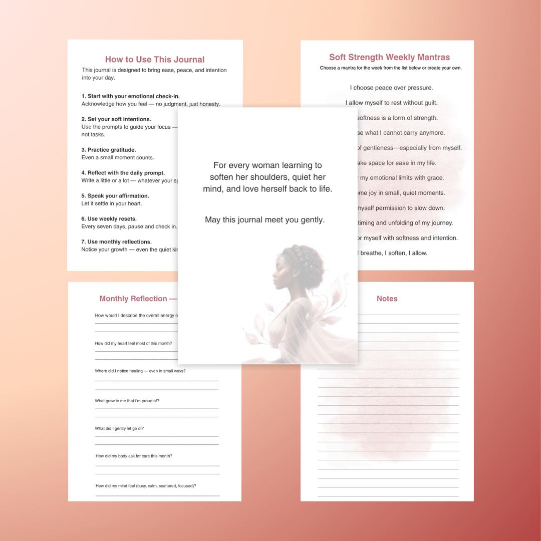 Soft Strength 90-Day Guided Journal Cover — feminine blush floral design

Interior journal pages with reflection prompts and undated daily layout

Self-care journal for women — mindfulness and emotional wellness pages

Spiral-bound 7x9 Soft Strength journal styled on desk with pen