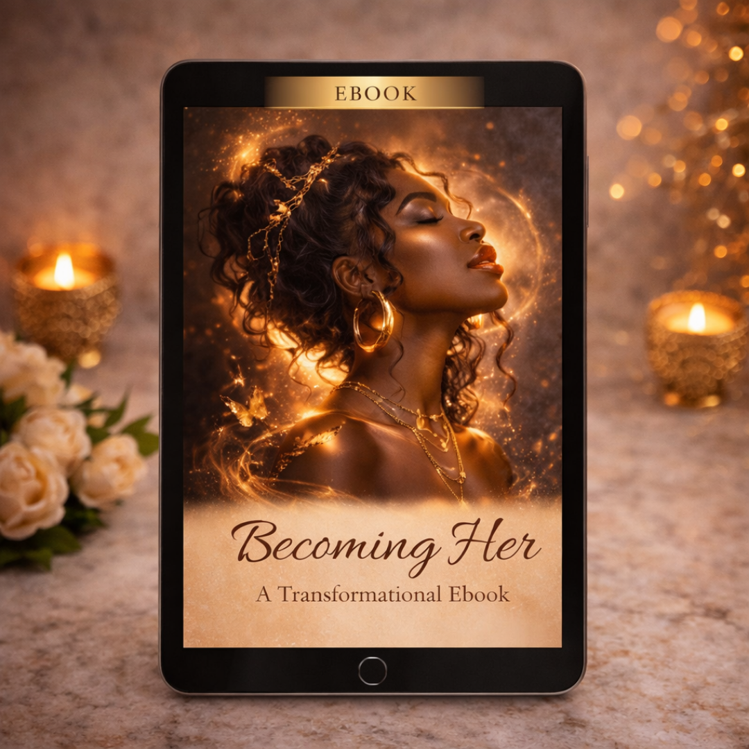 Becoming Her transformational ebook displayed on tablet for self reflection and personal growth by Sistah Journal