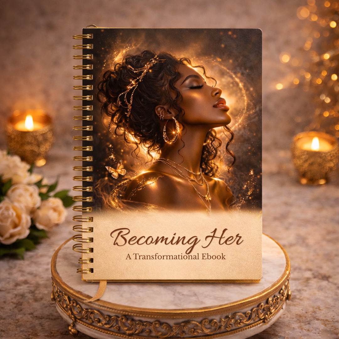 Becoming Her guided journal cover featuring a radiant Black woman symbolizing transformation and personal growth by Sistah Journal