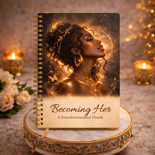 Becoming Her guided journal cover featuring a radiant Black woman symbolizing transformation and personal growth by Sistah Journal