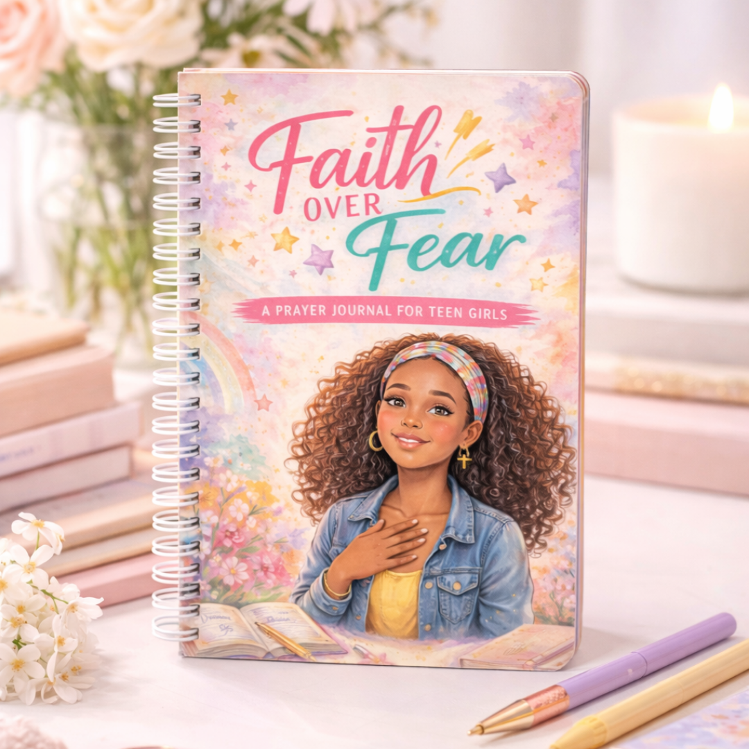 Faith Over Fear prayer journal cover with teen girl smiling colorful rainbow background