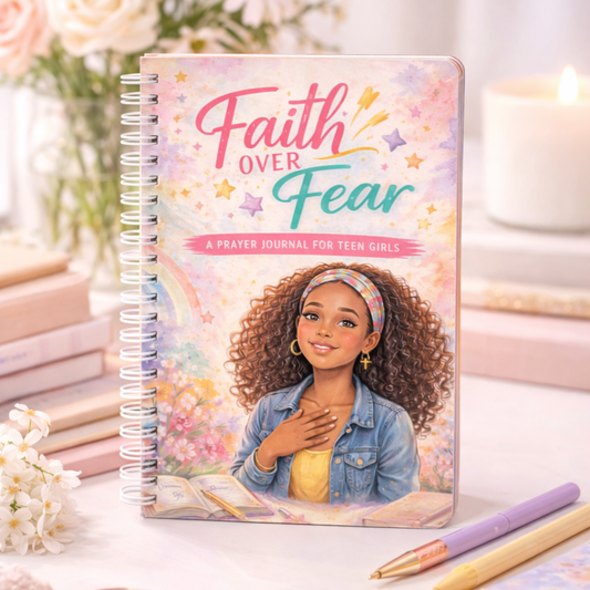 Faith Over Fear prayer journal cover with teen girl smiling colorful rainbow background