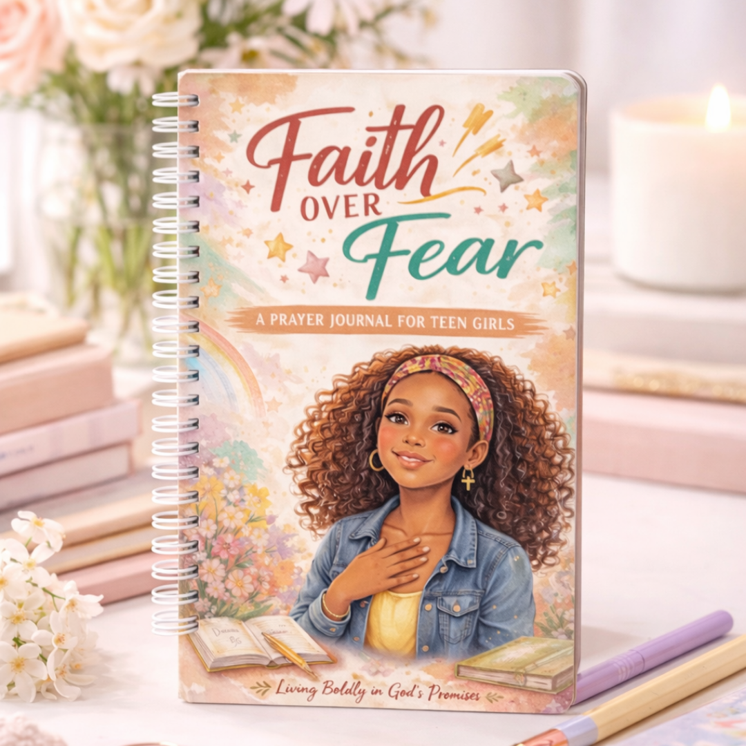 Faith Over Fear prayer journal cover warm floral background teen girl illustration