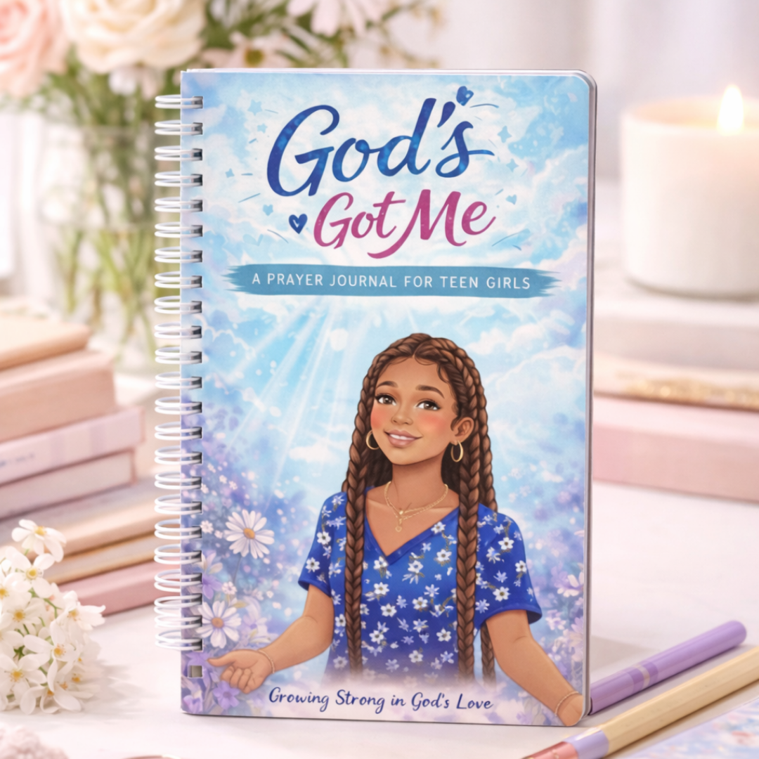 God’s Got Me prayer journal cover with teen girl smiling blue sky floral background