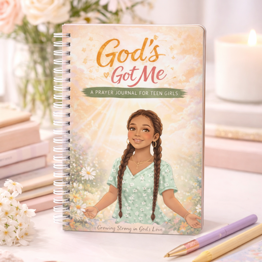 God’s Got Me prayer journal cover pastel floral background teen girl illustration
