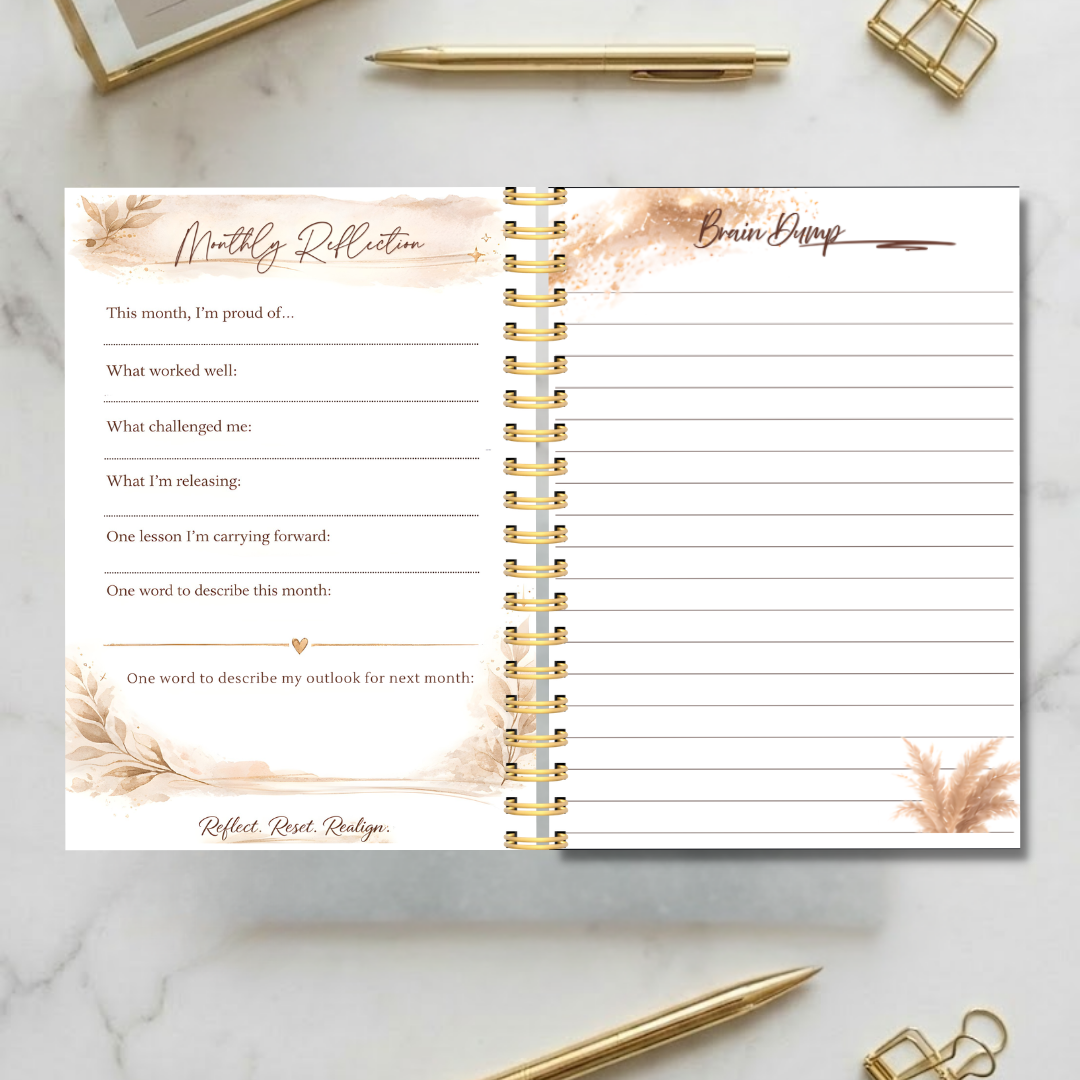 Grace and Grind planner open to monthly reflection and brain dump pages for goal tracking