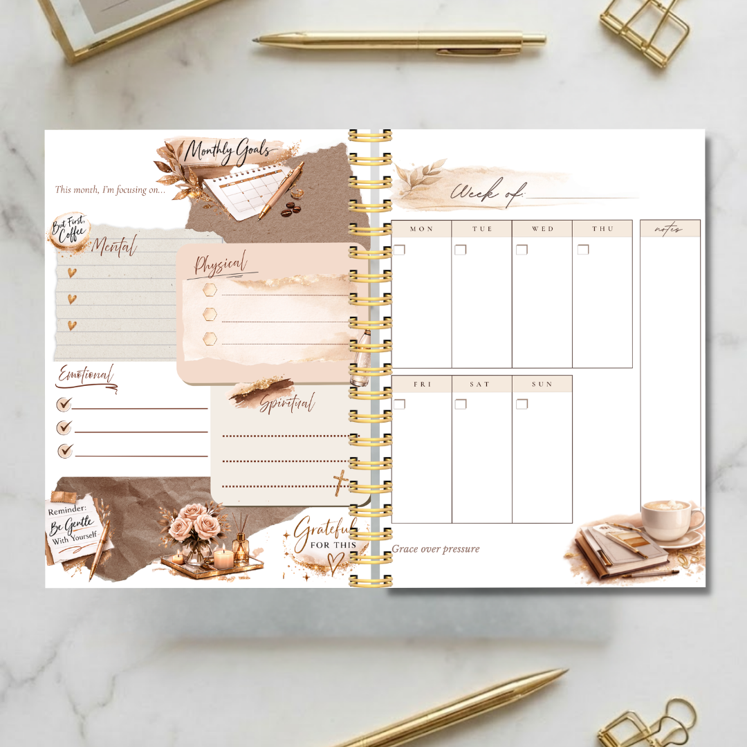 Grace and Grind monthly planner open showing monthly goals and weekly planning pages