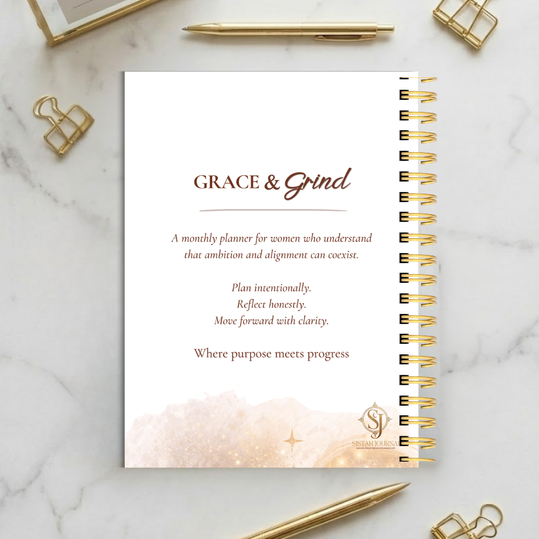 Grace and Grind planner back cover with inspirational productivity message