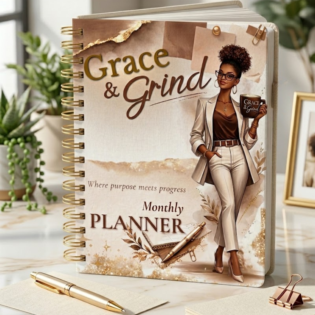 Grace and Grind monthly planner for women with gold spiral binding and neutral luxury design