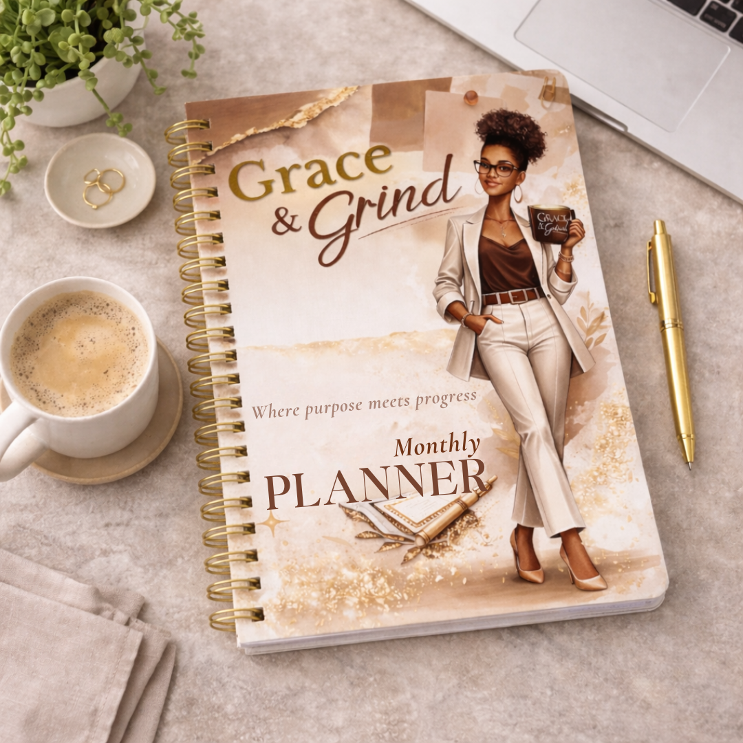 Grace and Grind monthly planner lifestyle desk setup with coffee and gold pen