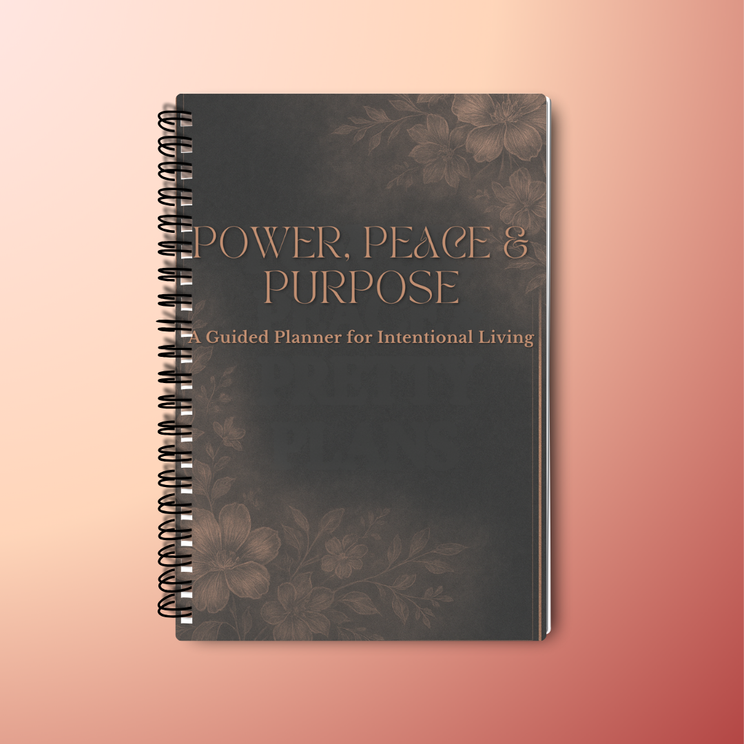 Elegant planner cover reading “Power, Peace & Purpose: A Guided Planner for Intentional Living” with floral design and rose gold accents on dark background.