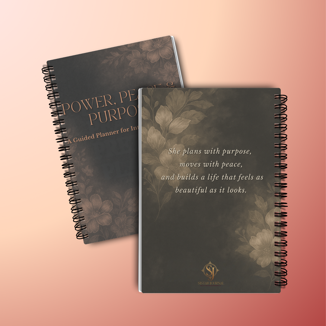 Elegant planner “Power, Peace & Purpose: A Guided Planner for Intentional Living” with floral design and rose gold accents on dark background.