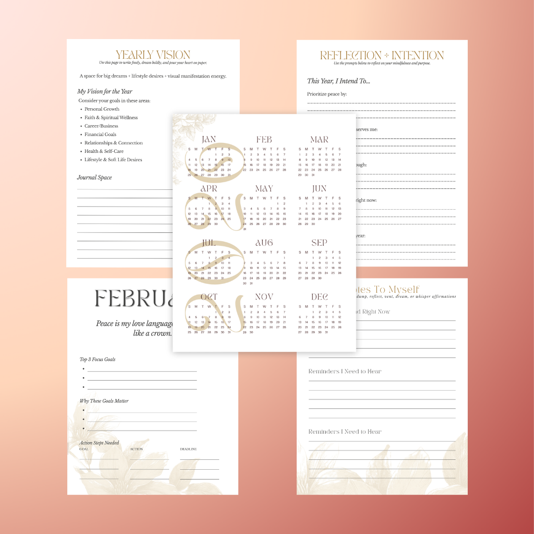 Elegant planner “Power, Peace & Purpose: A Guided Planner for Intentional Living” with floral design and rose gold accents on dark background.