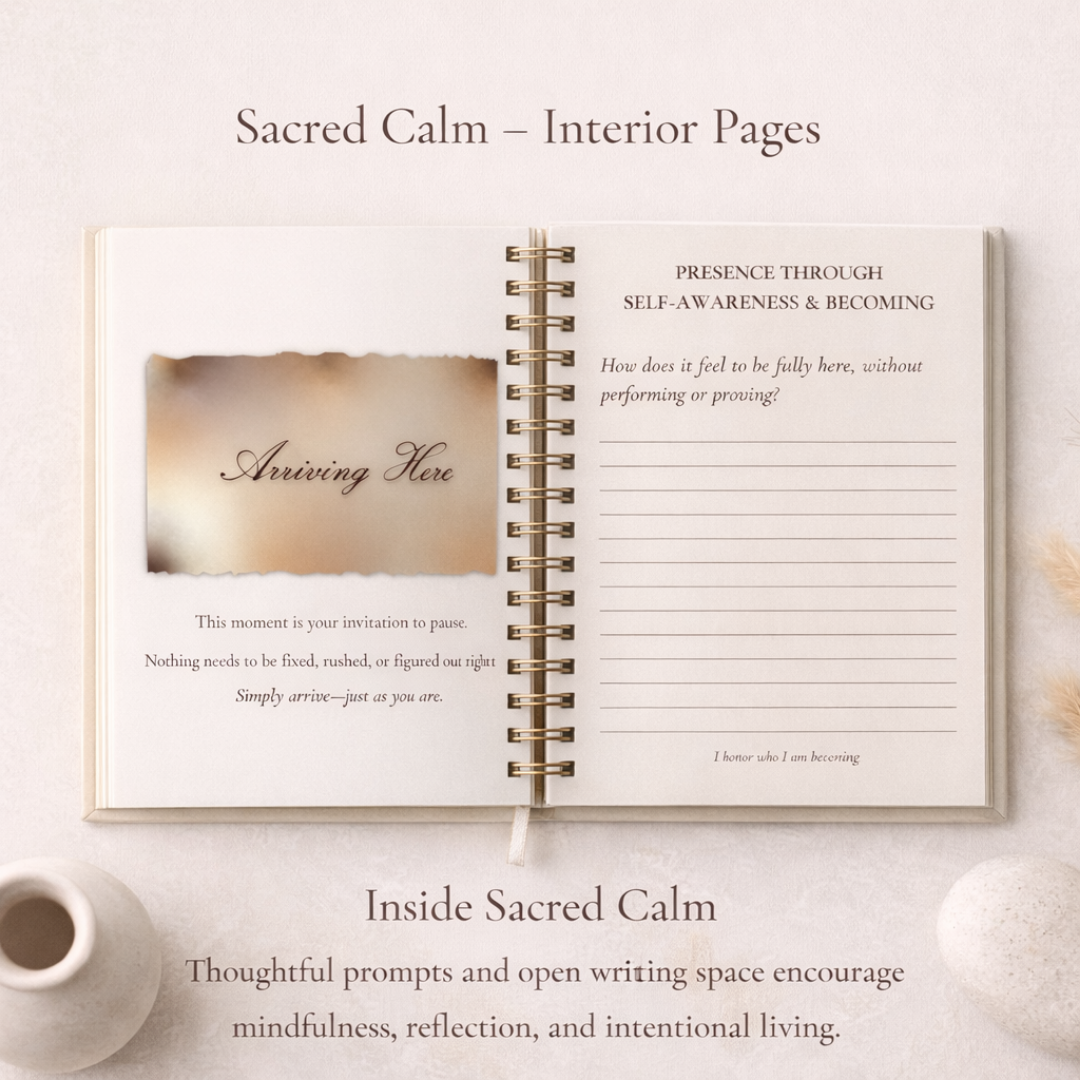 Interior pages of the Sacred Calm guided mindfulness journal from The Practice of Presence collection by Sistah Journal showing reflection prompts and lined journaling pages.