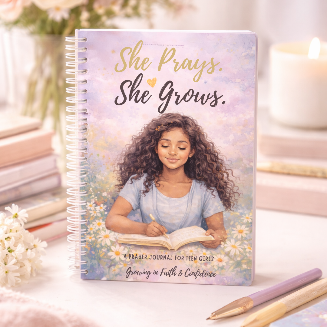She Prays She Grows prayer journal cover with teen girl praying and pastel floral background