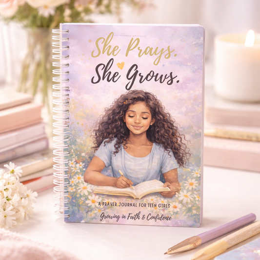 She Prays She Grows prayer journal cover with teen girl praying and pastel floral background