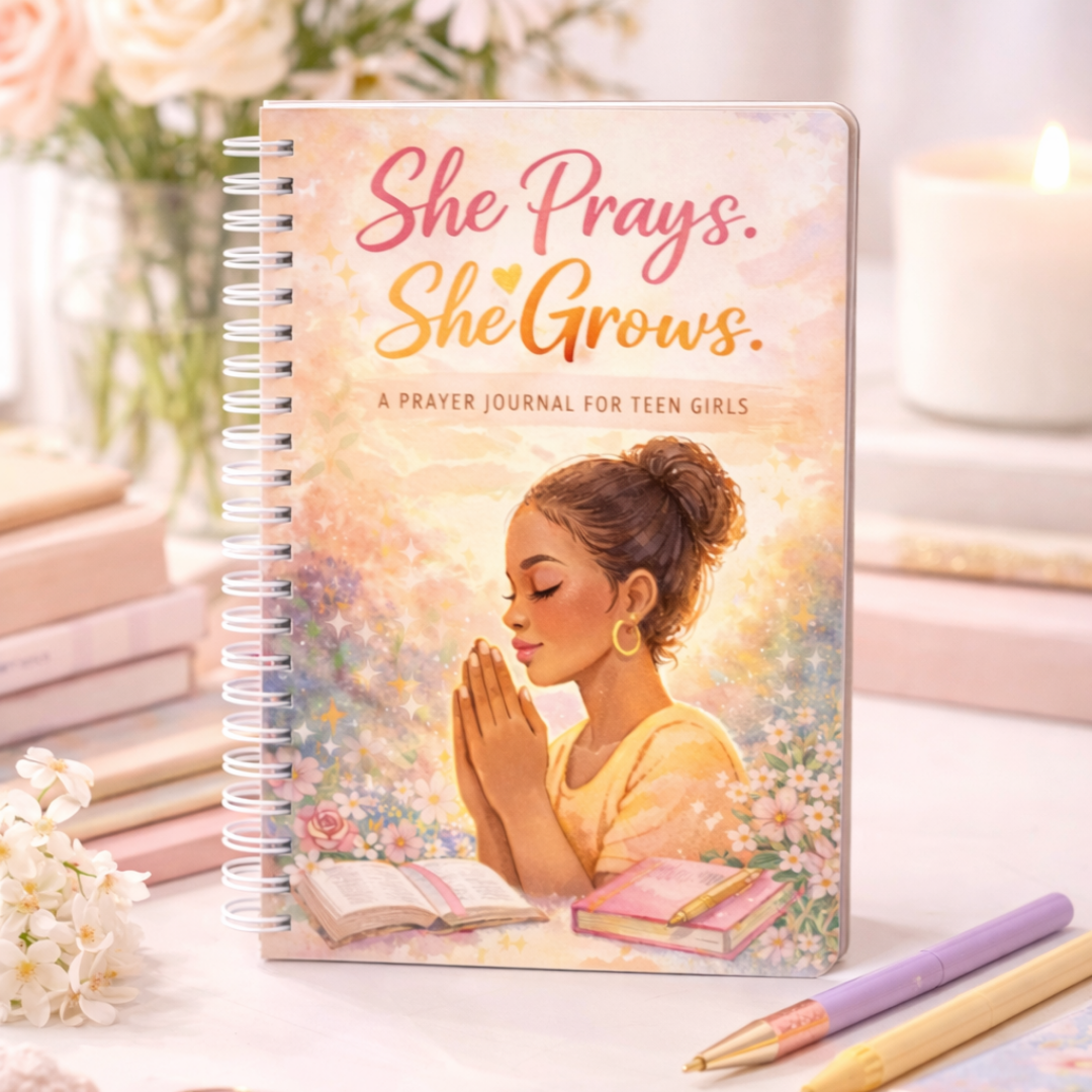 She Prays She Grows prayer journal golden floral cover teen girl praying illustration