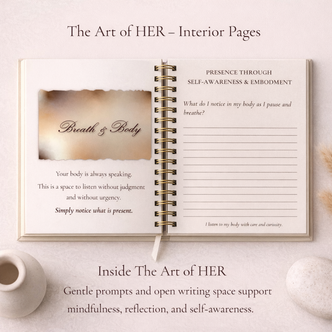 Interior pages of The Art of HER guided self-reflection journal from The Practice of Presence collection by Sistah Journal featuring mindfulness prompts and writing space.
